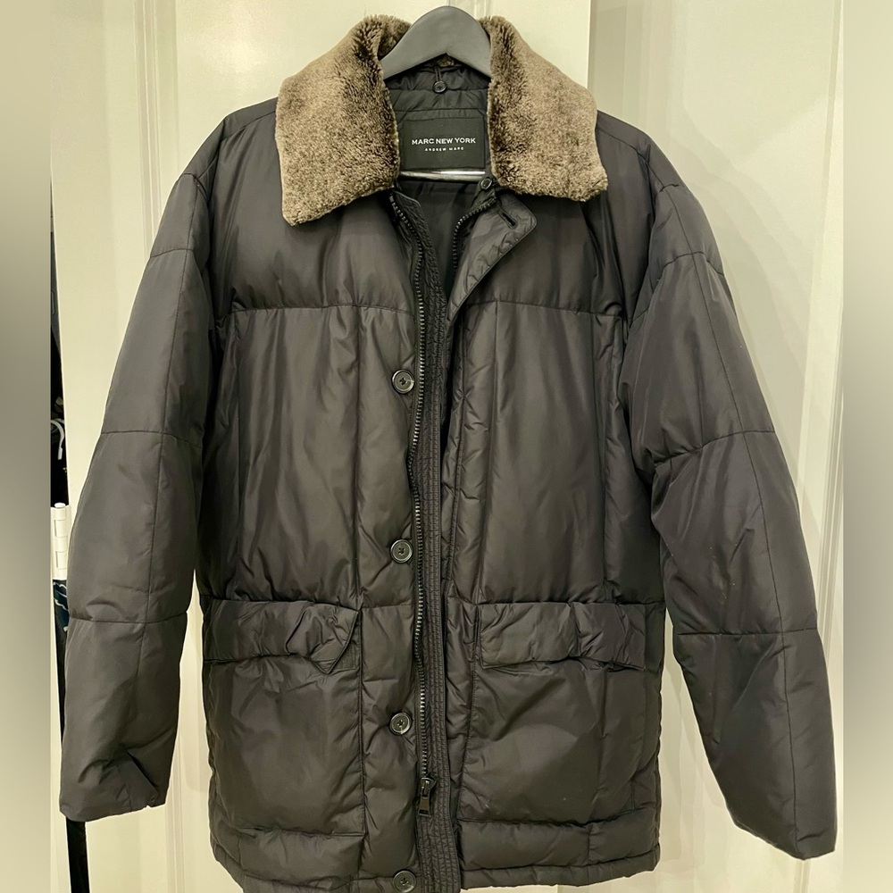 Marc New York Men's Black Puffer Coat with removable Faux Fur Collar